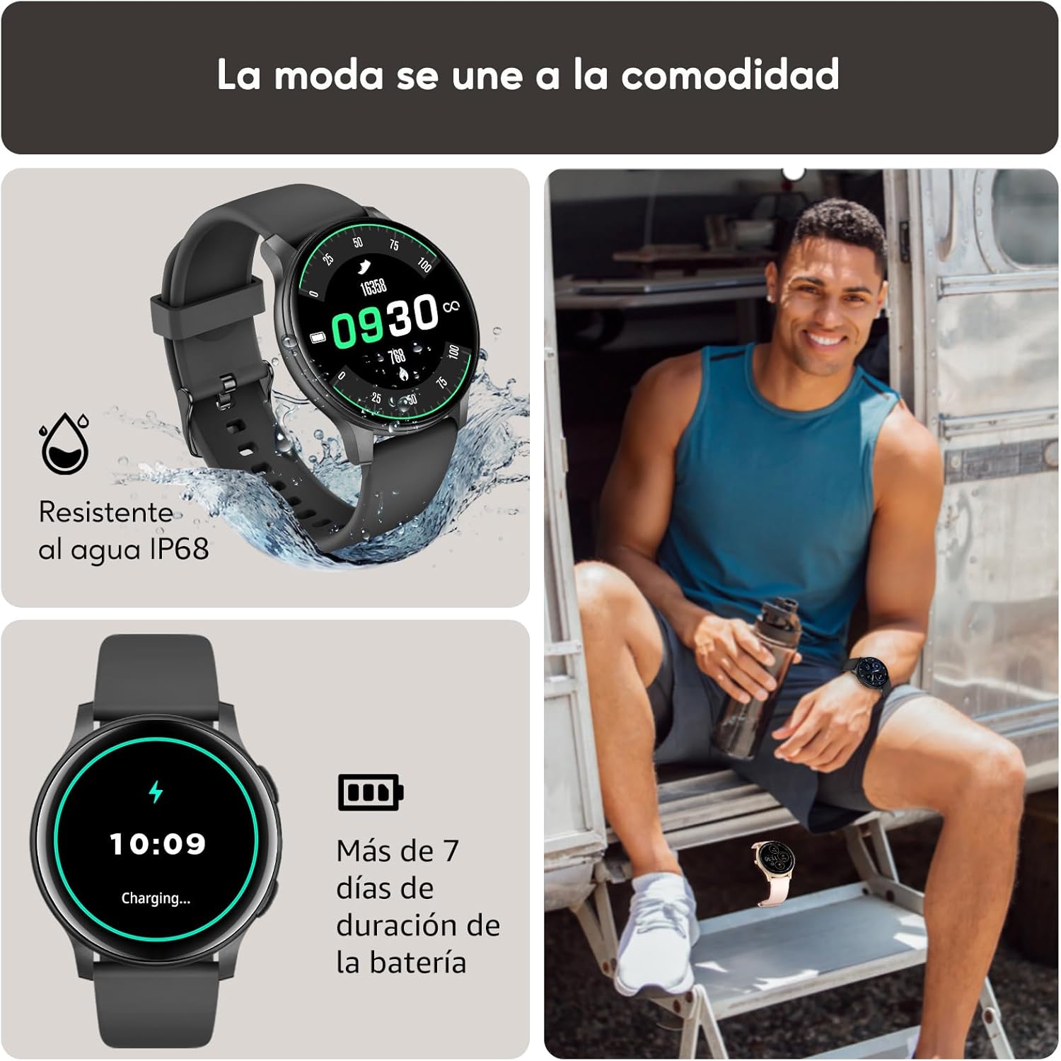 AcclaFit Reloj Inteligente Hombre Mujer con Llamadas Bluetooth, Smartwatch Esfera Redonda 1,38" con 147+ Modos Deportivos, Pulsómetro, Monitor de Sueño, IP68 Impermeable, Compatible con Android iOS - 6