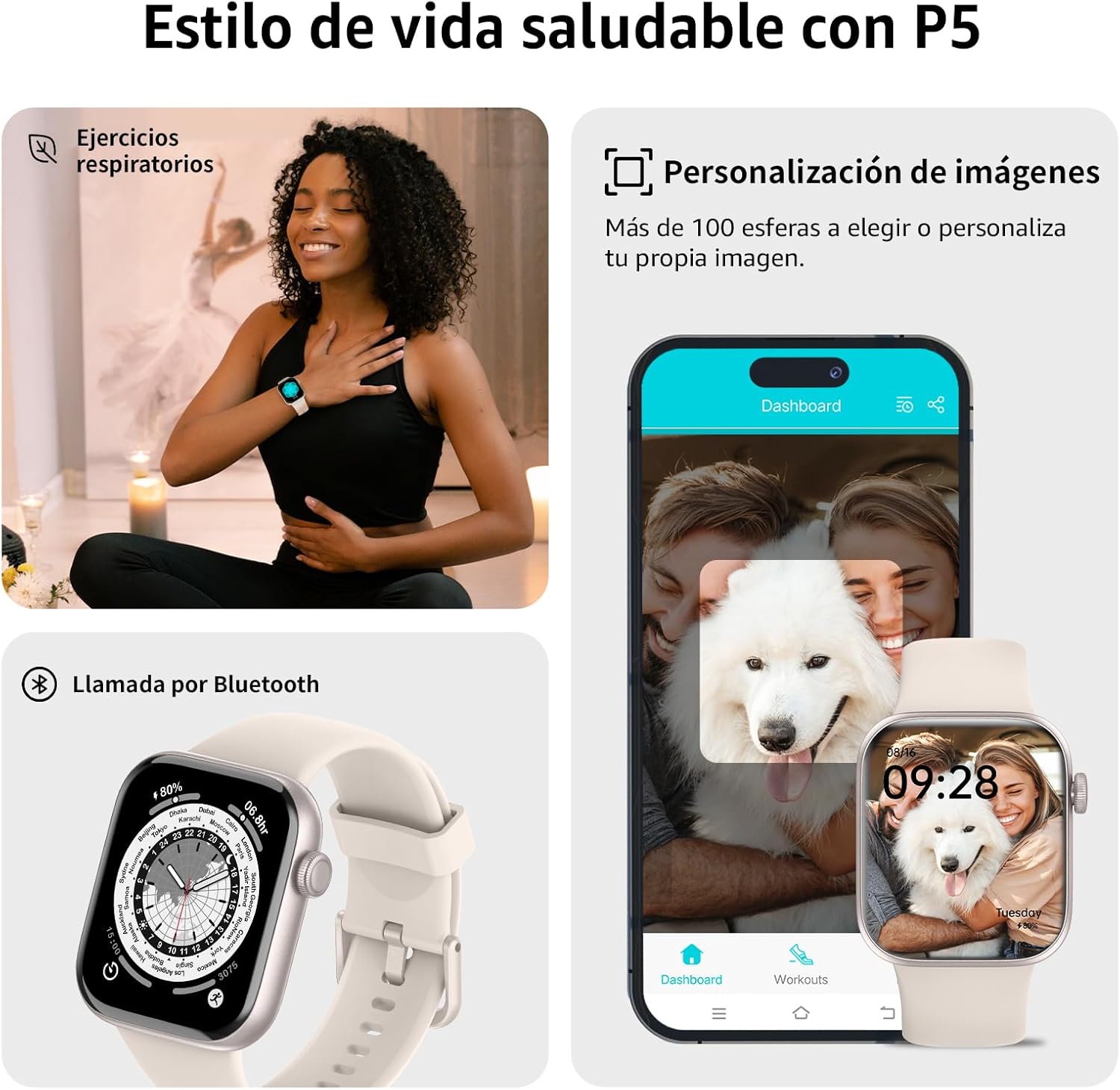 AcclaFit Reloj Inteligente Mujer Hombre, 1.85" Smartwatch con Llamadas Bluetooth, 140+ Modos Deportivos con SpO2/Pulsómetro/Monitor de Sueño/Podómetro, Impermeable IP68 para Android iOS - 6