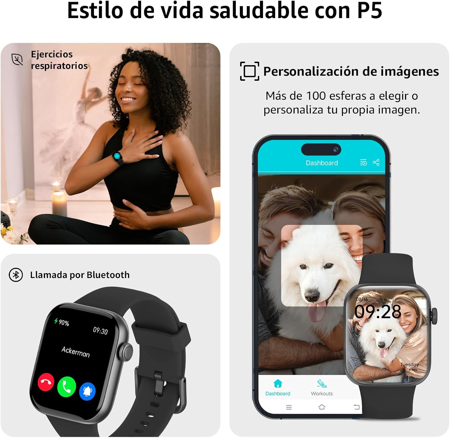 AcclaFit Reloj Inteligente Mujer Hombre, 1.85" Smartwatch con Llamadas Bluetooth, 140+ Modos Deportivos con SpO2/Pulsómetro/Monitor de Sueño/Podómetro, Impermeable IP68 para Android iOS - 6