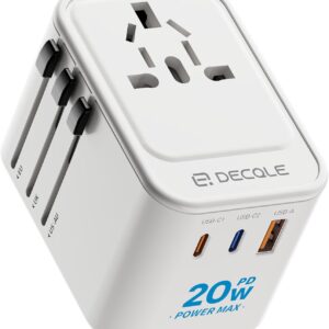 Adaptador Enchufe Universal, Adaptador de Viaje con 2 USB-C(PD 20W) y 1 USB-A, Adaptador Universal para EU, Reino Unido, Americano, Canadá, Australia& 224+País(Blanco)