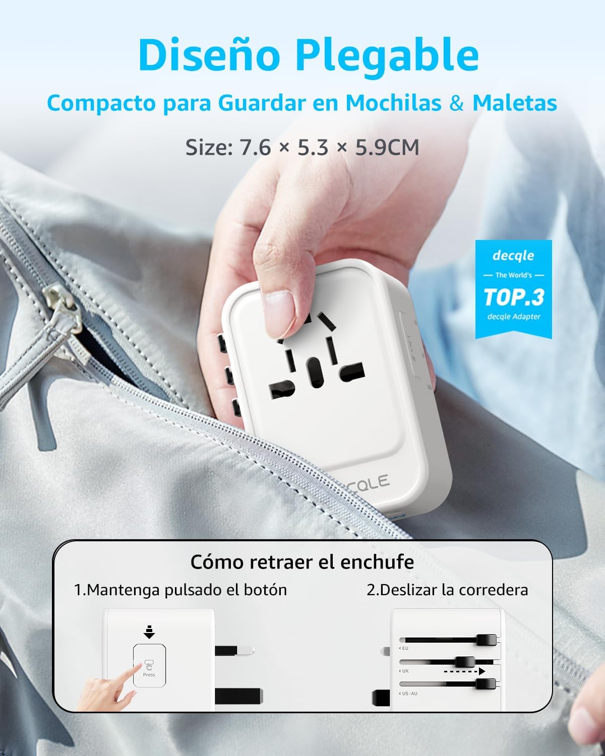 Adaptador Enchufe Universal, Adaptador de Viaje con 2 USB-C(PD 20W) y 1 USB-A, Adaptador Universal para EU, Reino Unido, Americano, Canadá, Australia& 224+País(Blanco) - 5