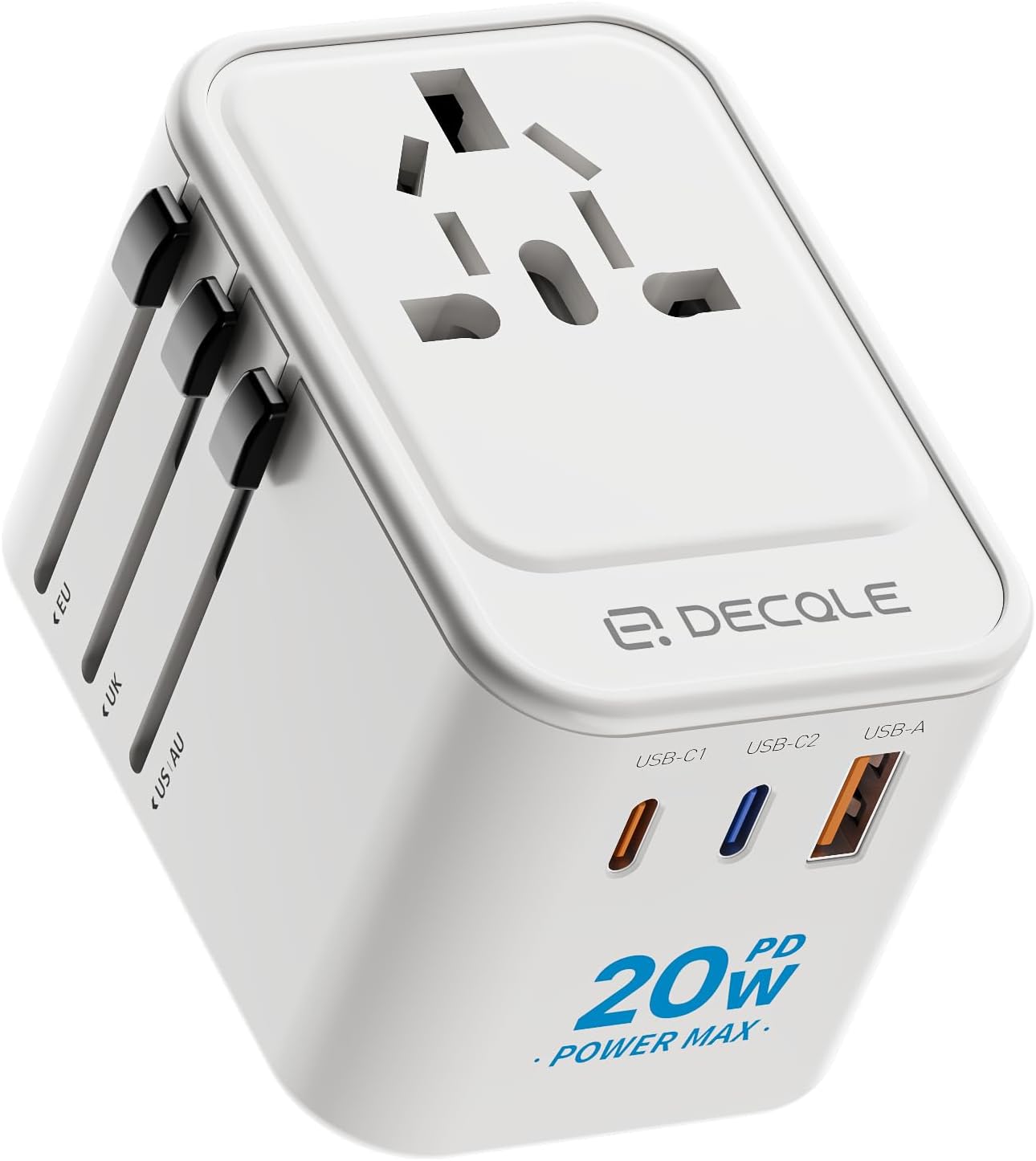 Adaptador Enchufe Universal, Adaptador de Viaje con 2 USB-C(PD 20W) y 1 USB-A, Adaptador Universal para EU, Reino Unido, Americano, Canadá, Australia& 224+País(Blanco) - 1