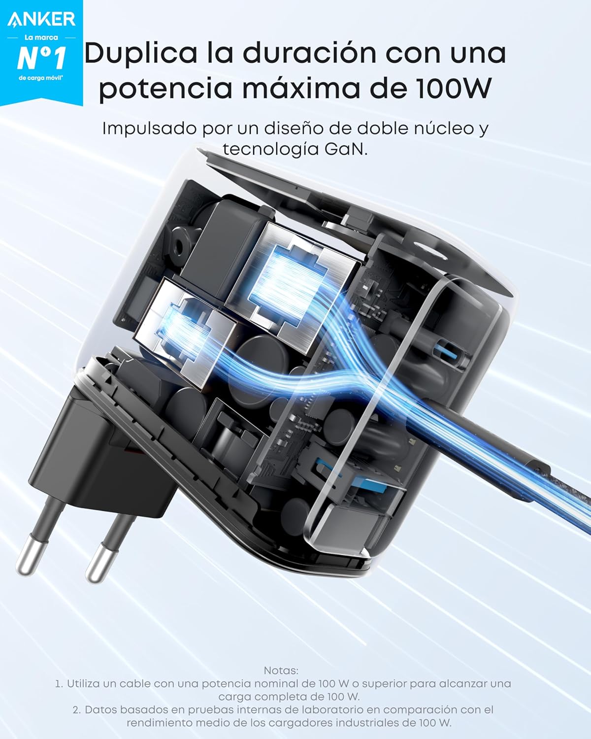 Anker Cargador USB C 100 W, Cargador de Pared GAN Compacto de 3 Puertos, Pantalla Inteligente, Control por Toque, Compatible con MacBook, iPad, Series iPhone 17/16/15 - 2