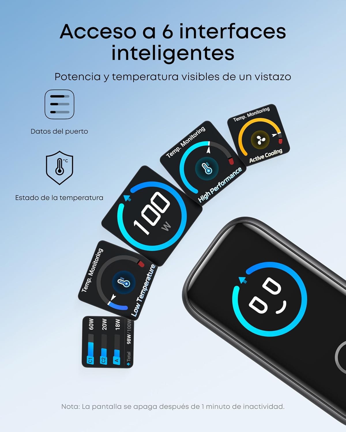 Anker Cargador USB C 100 W, Cargador de Pared GAN Compacto de 3 Puertos, Pantalla Inteligente, Control por Toque, Compatible con MacBook, iPad, Series iPhone 17/16/15 - 3