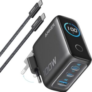 Anker Cargador USB C 100 W, Cargador de Pared GAN Compacto de 3 Puertos, Pantalla Inteligente, Control por Toque, Compatible con MacBook, iPad, Series iPhone 17/16/15
