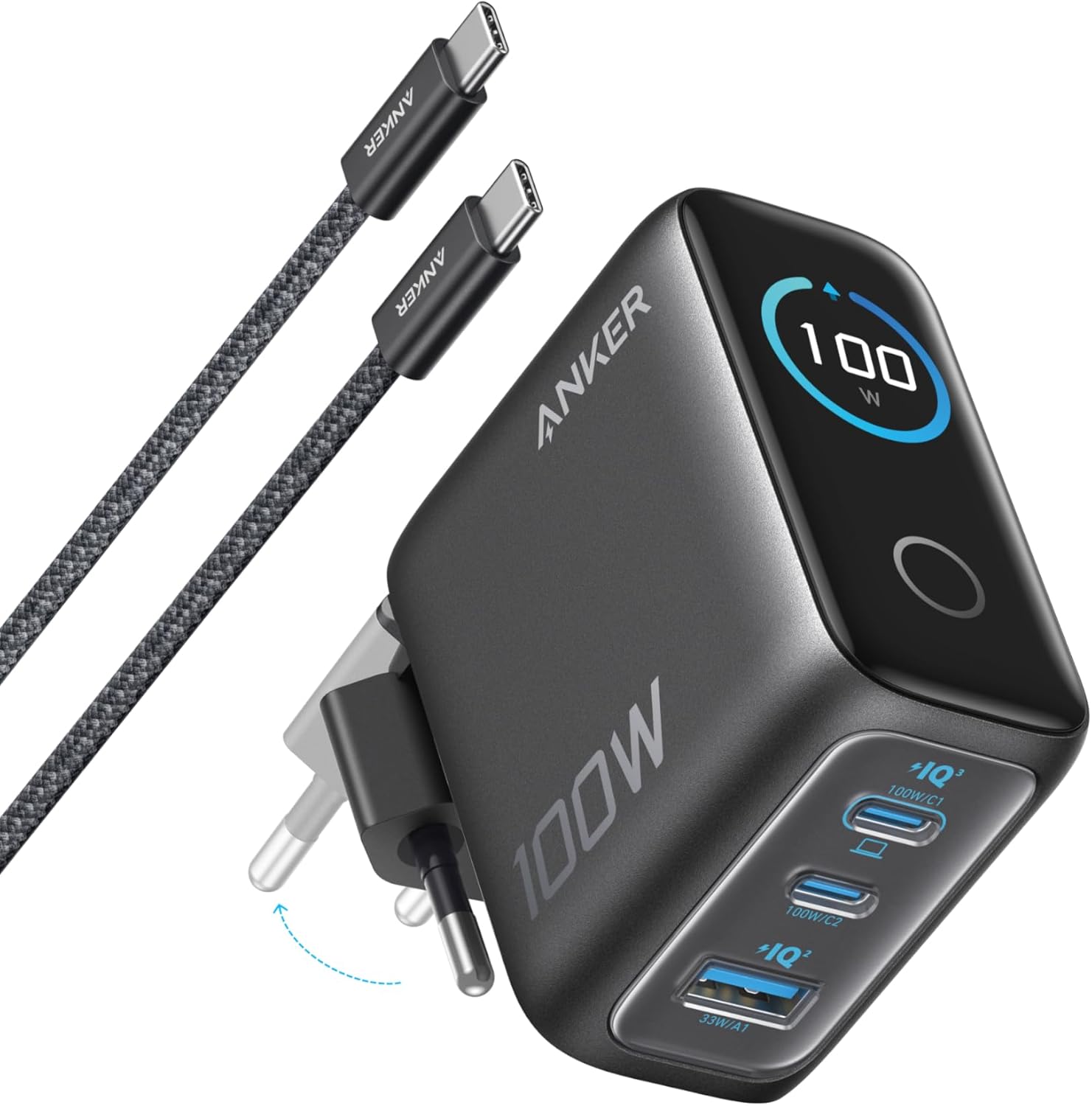 Anker Cargador USB C 100 W, Cargador de Pared GAN Compacto de 3 Puertos, Pantalla Inteligente, Control por Toque, Compatible con MacBook, iPad, Series iPhone 17/16/15 - 1