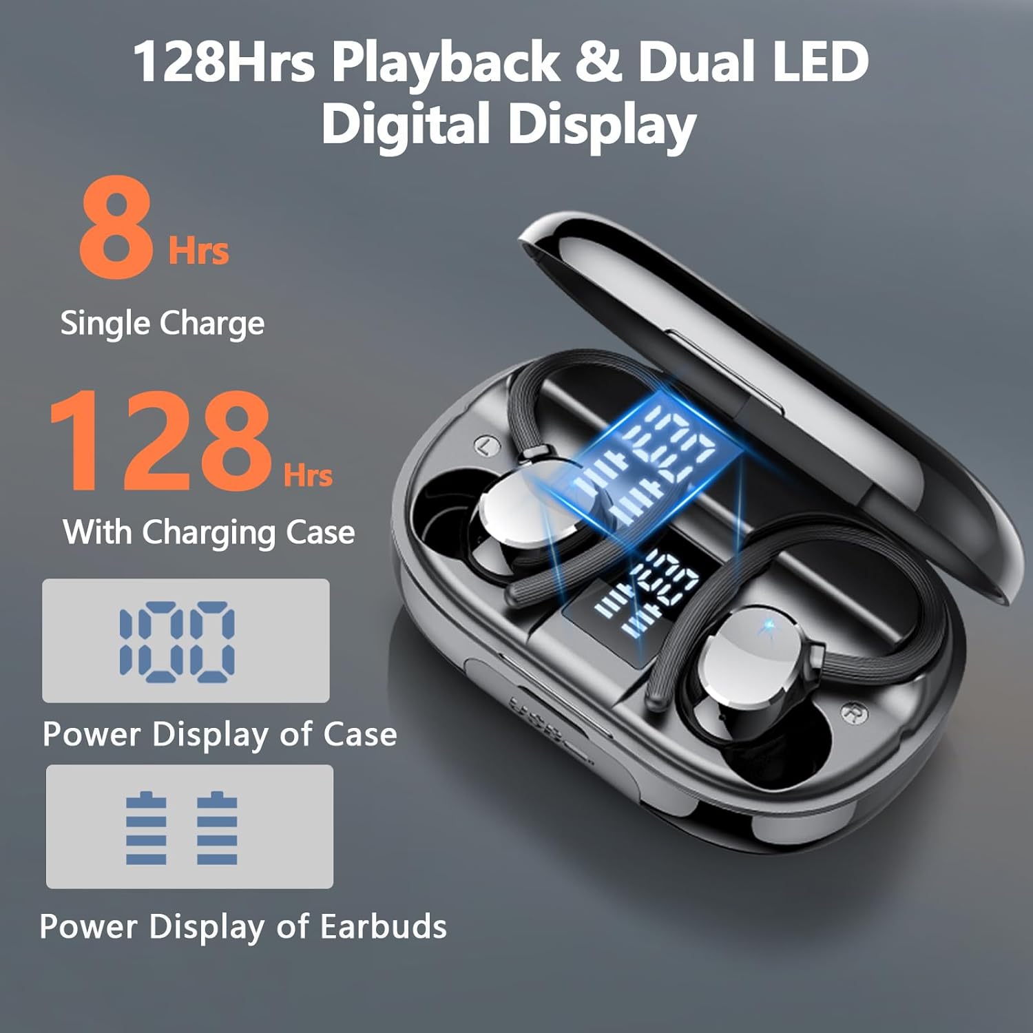 Auriculare Inalámbricos Deportivos, 2026 Nueva Auriculares Bluetooth 5.3 con HD Mic, 128H Cascos Inalambricos Bluetooth con Pantalla LED, IP7 Impermeable, Cancelacion Ruido ENC Auriculares Running - 2