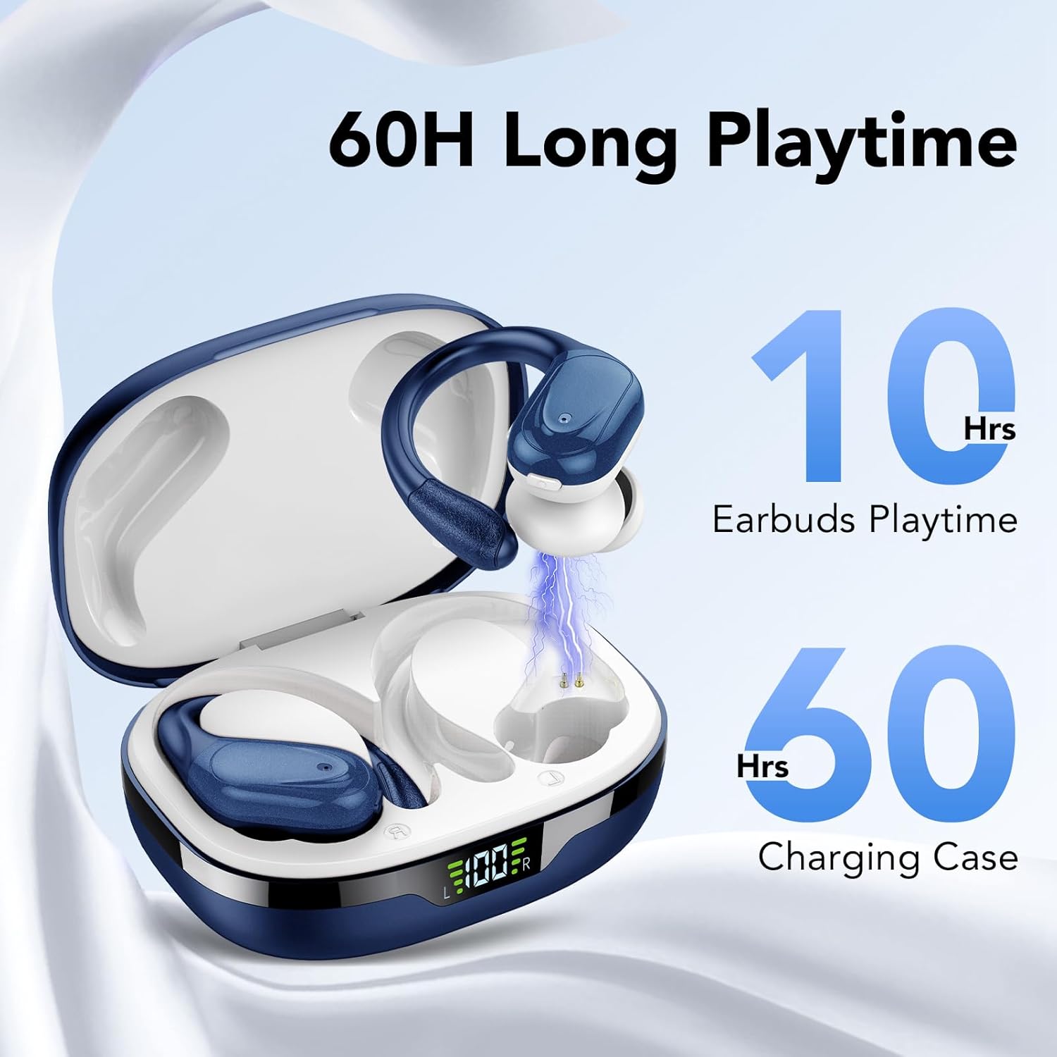 Auriculares Inalambricos, Auriculares Bluetooth 5.3 Deportivos con Gancho de la Oreja, 60H de Reproducción, Pantalla LED, Llamada ENC HD, Profundamente Bajo, Ajuste Cómodo, IP7 Impermeable Azul Claro - 3