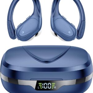 Auriculares Inalambricos, Auriculares Bluetooth 5.3 Deportivos con Gancho de la Oreja, 60H de Reproducción, Pantalla LED, Llamada ENC HD, Profundamente Bajo, Ajuste Cómodo, IP7 Impermeable Azul Claro