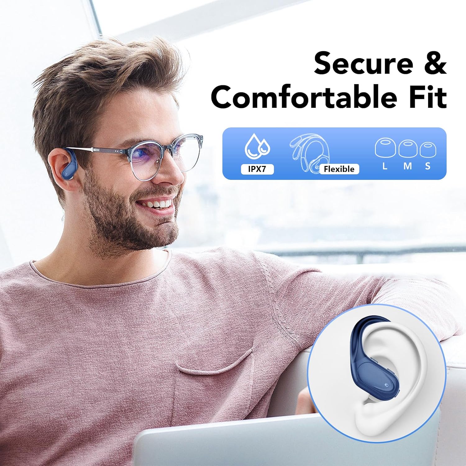 Auriculares Inalambricos, Auriculares Bluetooth 5.3 Deportivos con Gancho de la Oreja, 60H de Reproducción, Pantalla LED, Llamada ENC HD, Profundamente Bajo, Ajuste Cómodo, IP7 Impermeable Azul Claro - 6