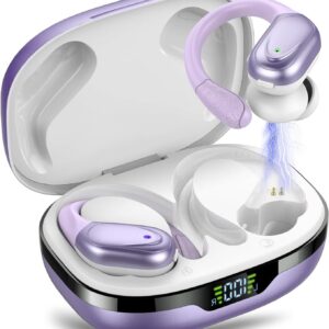 Auriculares Inalambricos, Auriculares Bluetooth 5.3 Deportivos con Gancho de la Oreja, 60H de Reproducción, Pantalla LED, Llamada ENC HD, Profundamente Bajo, Ajuste Cómodo, IPX7 Blanco Morado