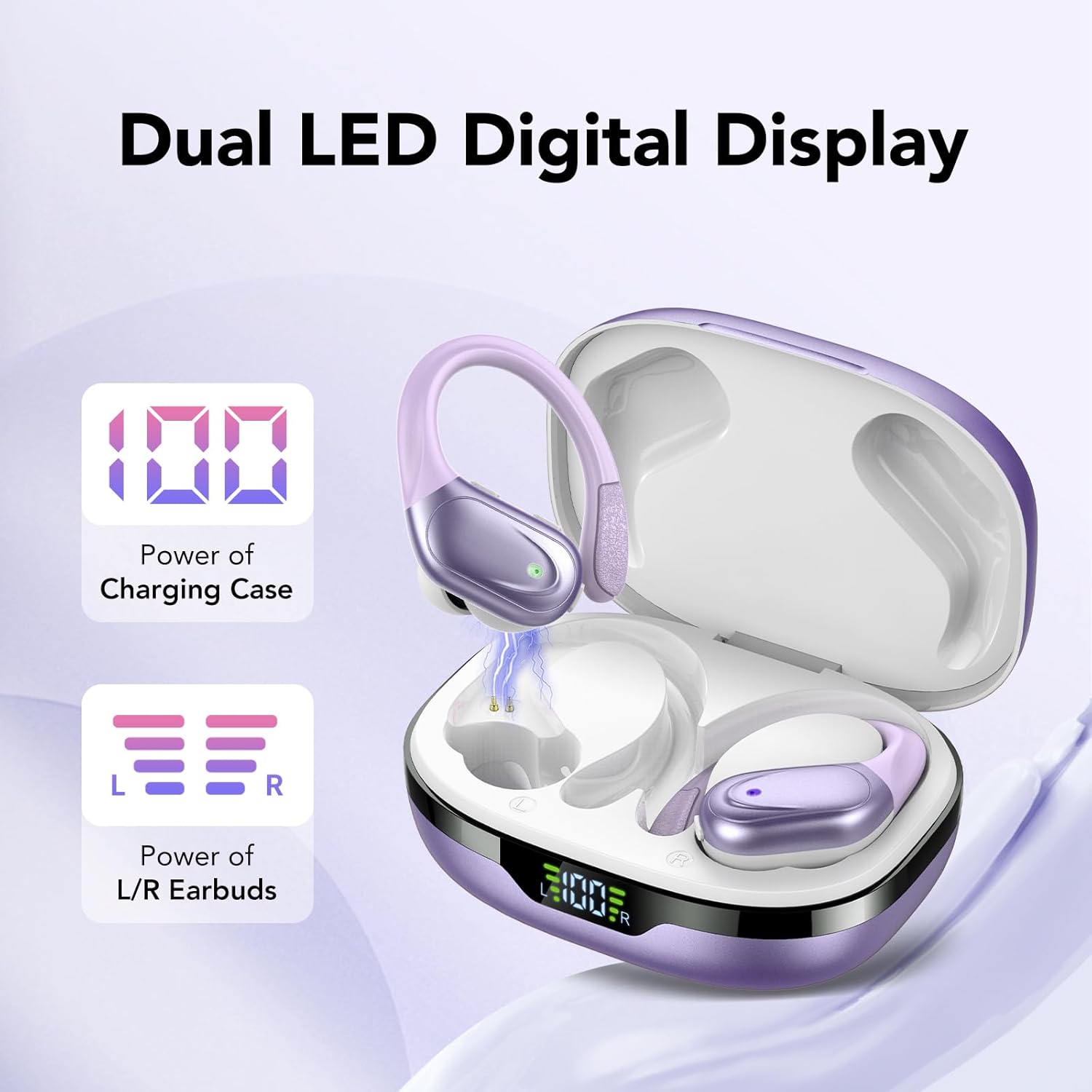 Auriculares Inalambricos, Auriculares Bluetooth 5.3 Deportivos con Gancho de la Oreja, 60H de Reproducción, Pantalla LED, Llamada ENC HD, Profundamente Bajo, Ajuste Cómodo, IPX7 Blanco Morado - 5