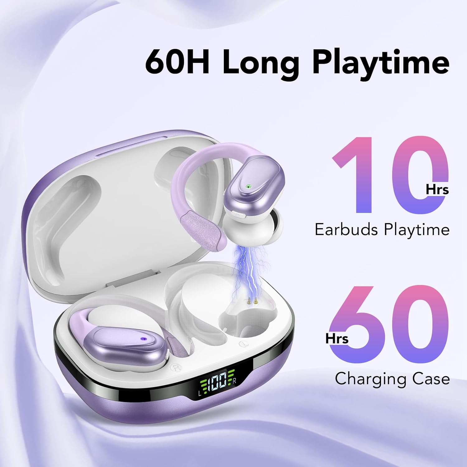 Auriculares Inalambricos, Auriculares Bluetooth 5.3 Deportivos con Gancho de la Oreja, 60H de Reproducción, Pantalla LED, Llamada ENC HD, Profundamente Bajo, Ajuste Cómodo, IPX7 Blanco Morado - 6