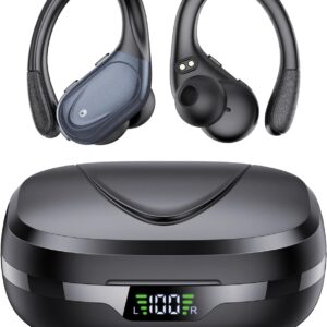 Auriculares Inalambricos, Auriculares Bluetooth 5.3 Deportivos con Gancho de la Oreja, 60H de Reproducción, Pantalla LED, Llamada ENC HD, Profundamente Bajo, Ajuste Cómodo, IPX7 Impermeable(Negro).