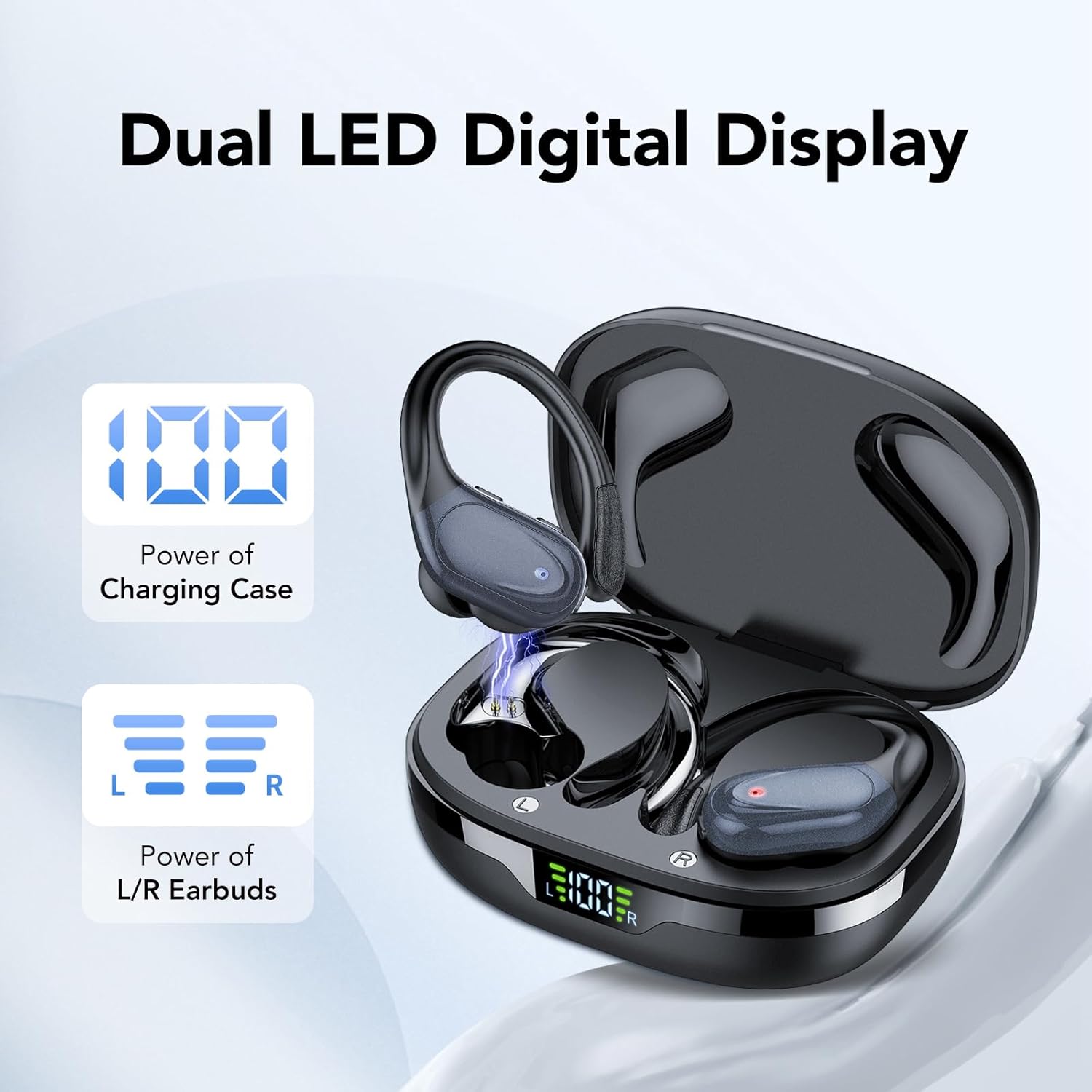 Auriculares Inalambricos, Auriculares Bluetooth 5.3 Deportivos con Gancho de la Oreja, 60H de Reproducción, Pantalla LED, Llamada ENC HD, Profundamente Bajo, Ajuste Cómodo, IPX7 Impermeable(Negro). - 2