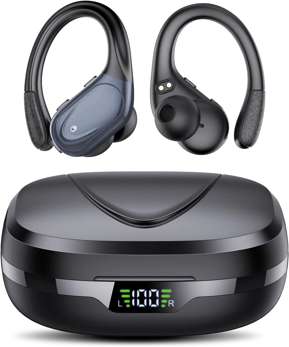 Auriculares Inalambricos, Auriculares Bluetooth 5.3 Deportivos con Gancho de la Oreja, 60H de Reproducción, Pantalla LED, Llamada ENC HD, Profundamente Bajo, Ajuste Cómodo, IPX7 Impermeable(Rojo) - 2