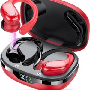 Auriculares Inalambricos, Auriculares Bluetooth 5.3 Deportivos con Gancho de la Oreja, 60H de Reproducción, Pantalla LED, Llamada ENC HD, Profundamente Bajo, Ajuste Cómodo, IPX7 Impermeable(Rojo)