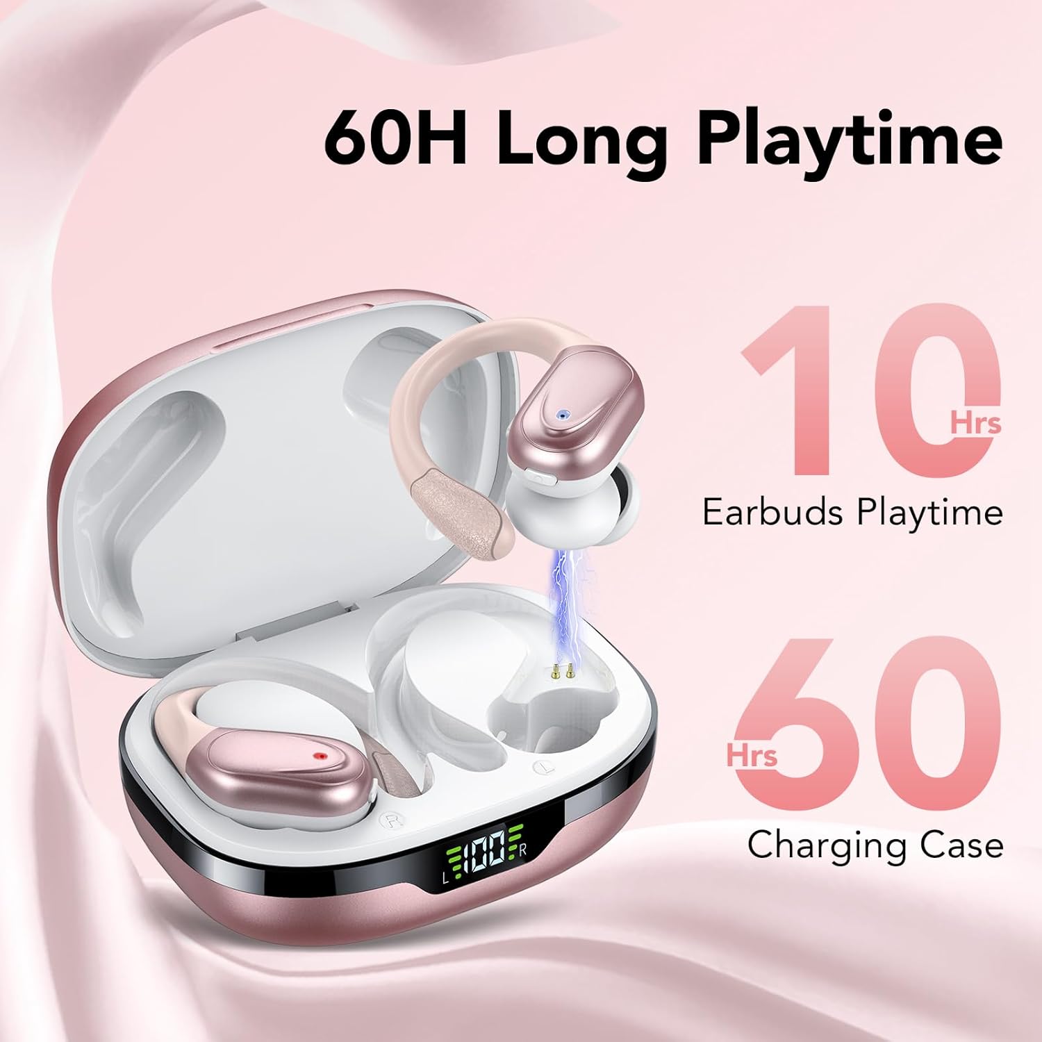 Auriculares Inalambricos, Auriculares Bluetooth 5.3 con Gancho de la Oreja, 60H de Reproducción, Pantalla LED, Llamada ENC HD, Profundamente Bajo, Ajuste Cómodo, IPX7 Impermeable(Oro Rosa) - 3