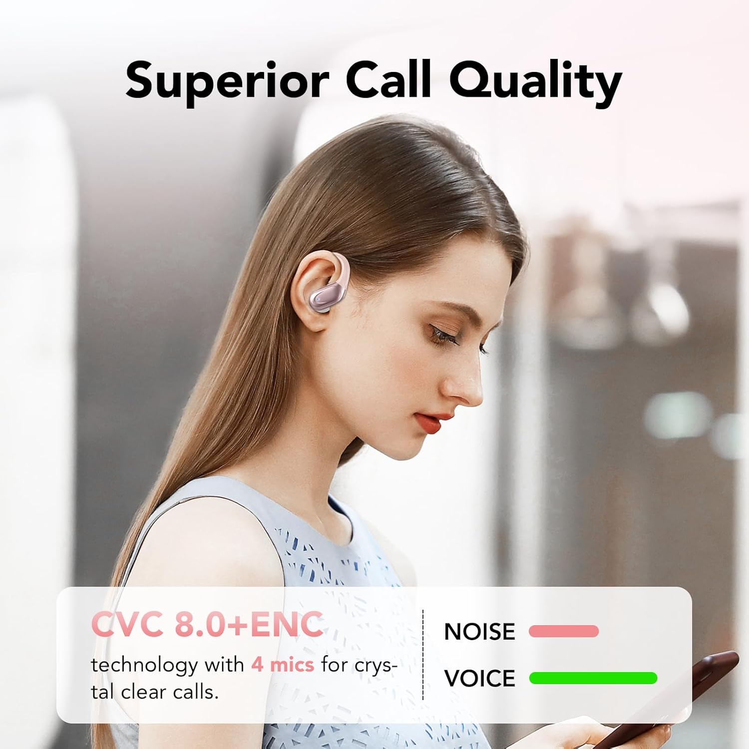 Auriculares Inalambricos, Auriculares Bluetooth 5.3 con Gancho de la Oreja, 60H de Reproducción, Pantalla LED, Llamada ENC HD, Profundamente Bajo, Ajuste Cómodo, IPX7 Impermeable(Oro Rosa) - 5