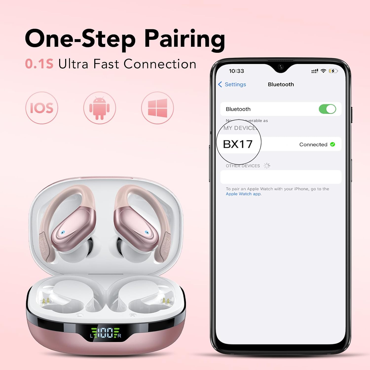 Auriculares Inalambricos, Auriculares Bluetooth 5.3 con Gancho de la Oreja, 60H de Reproducción, Pantalla LED, Llamada ENC HD, Profundamente Bajo, Ajuste Cómodo, IPX7 Impermeable(Oro Rosa) - 6