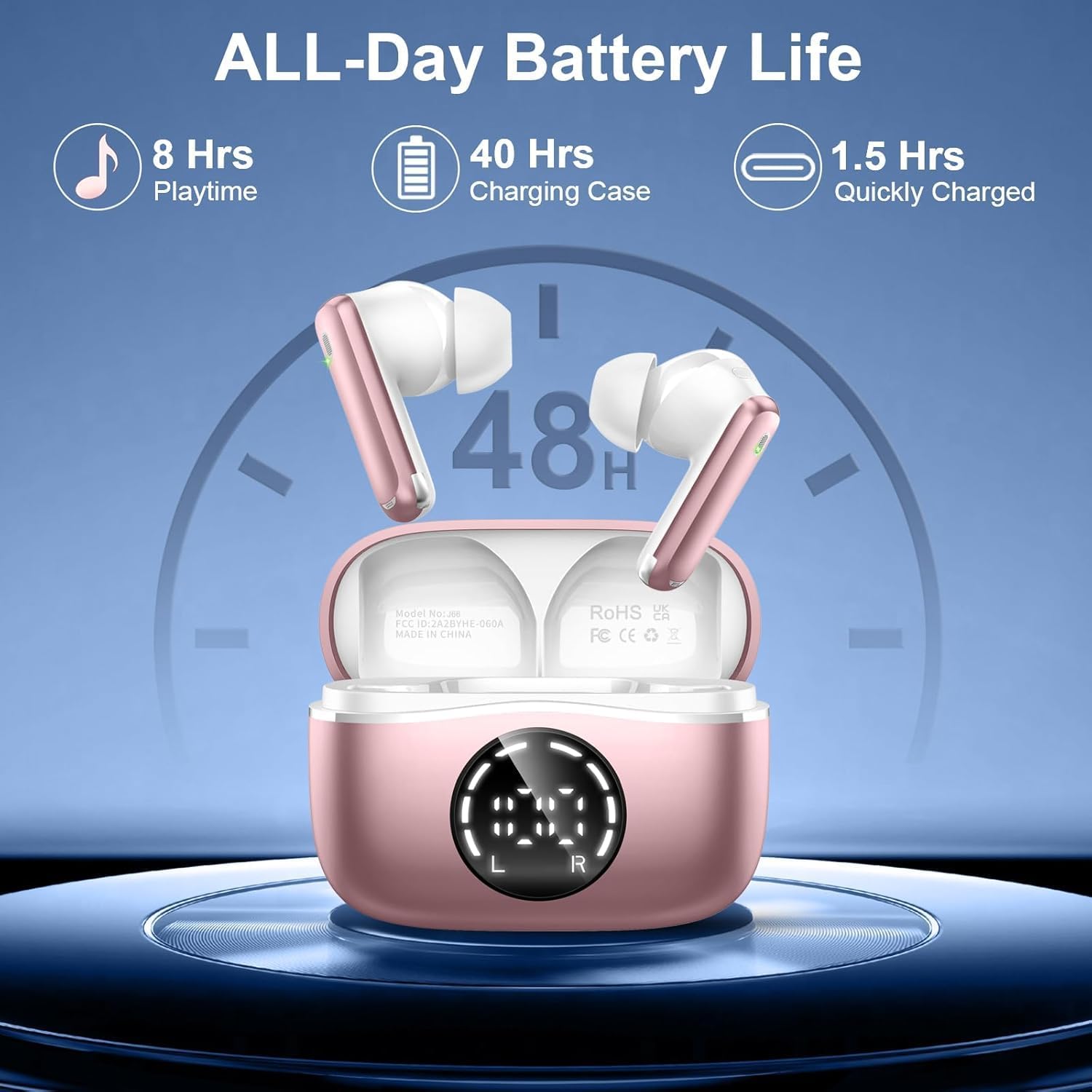 Auriculares Inalambricos Bluetooth, 2026 Cascos Bluetooth 5.4 HiFi Estéreo, 48H Auriculares inalámbricos con 4 ENC Cancelacion Ruido HD Mic, IP7 Impermeable Cascos Carga Rápida Tipo-C /Pantalla LED - 3