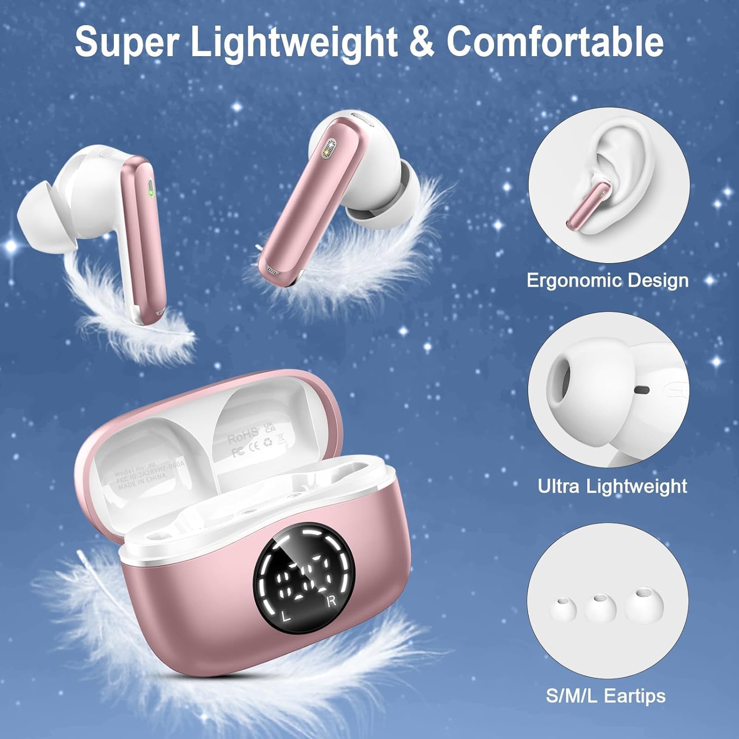 Auriculares Inalambricos Bluetooth, 2026 Cascos Bluetooth 5.4 HiFi Estéreo, 48H Auriculares inalámbricos con 4 ENC Cancelacion Ruido HD Mic, IP7 Impermeable Cascos Carga Rápida Tipo-C /Pantalla LED - 5