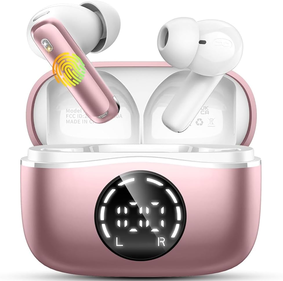 Auriculares Inalambricos Bluetooth, 2026 Cascos Bluetooth 5.4 HiFi Estéreo, 48H Auriculares inalámbricos con 4 ENC Cancelacion Ruido HD Mic, IP7 Impermeable Cascos Carga Rápida Tipo-C /Pantalla LED - 1