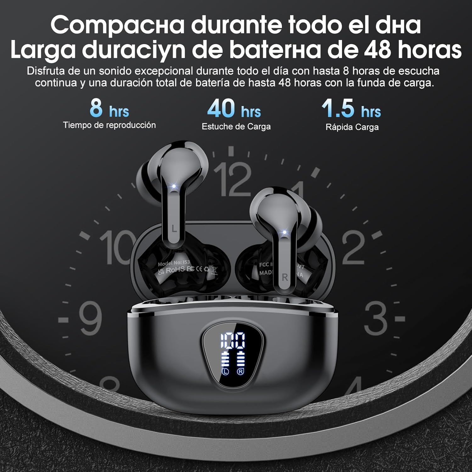 Auriculares Inalambricos Bluetooth, 2026 Cascos Inalambricos Bluetooth 5.4 HiFi Estéreo, 45 Horas Auriculares inalámbricos con ENC Cancelacion Ruido, IP7 Impermeable/Pantalla LED/Carga Rápida Tipo-C - 5