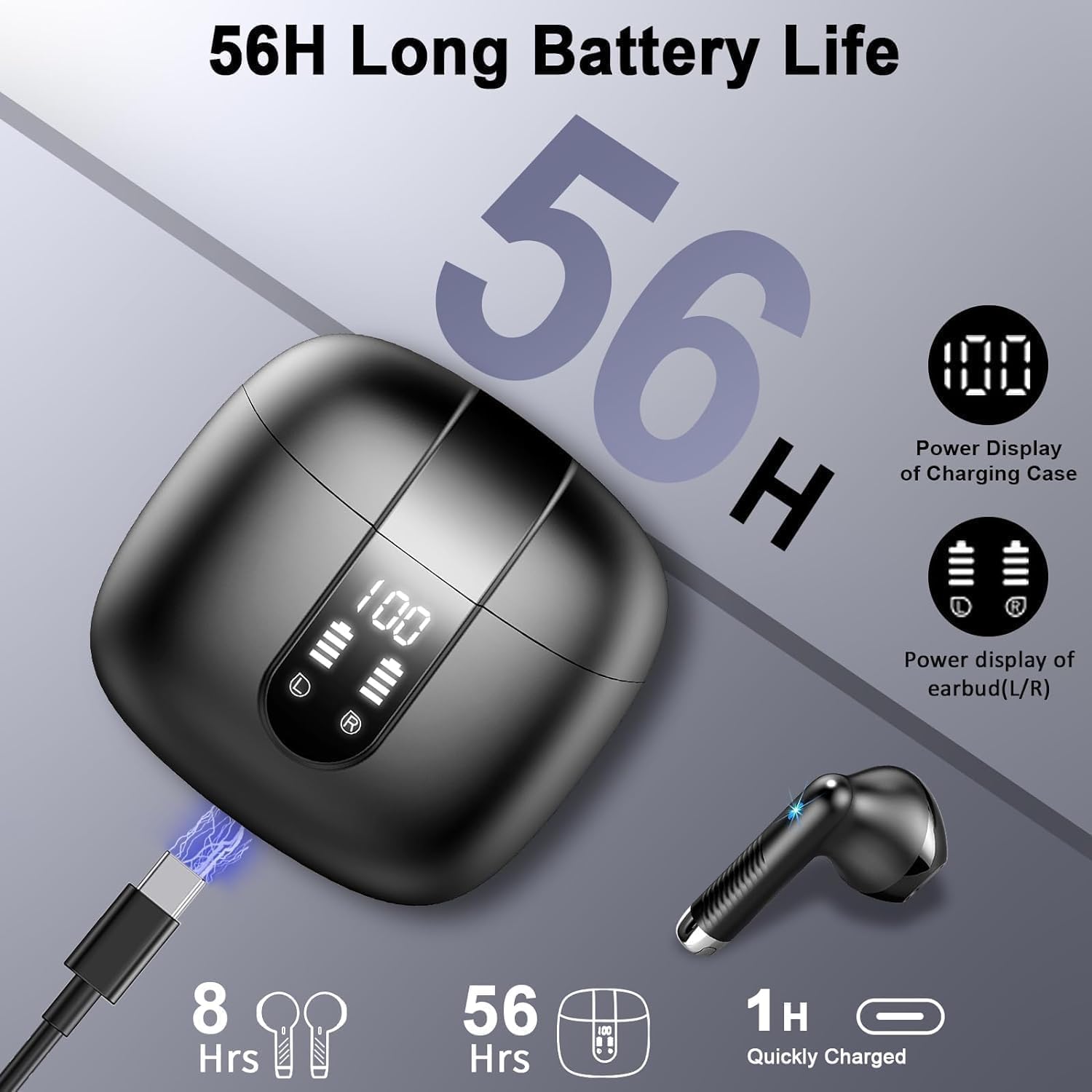 Auriculares Inalámbricos Bluetooth 5.4, 2026 Auriculares Bluetooth con HiFi Estéreo 56H, 4 ENC Mics, Cascos Inalambricos Bluetooth con Reducción de Ruido, USB-C, Control Táctil, IP7 Impermeable/Drsaec - 4