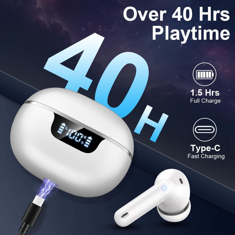 Auriculares Inalambricos Bluetooth, Cascos Inalambricos Bluetooth 5.4 HiFi Estéreo, 45 Horas Auriculares inalámbricos con ENC Cancelacion Ruido, Pantalla LED/Carga Rápida Tipo-C, Blanco brillante - 3