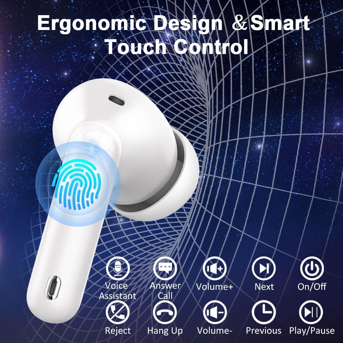 Auriculares Inalambricos Bluetooth, Cascos Inalambricos Bluetooth 5.4 HiFi Estéreo, 45 Horas Auriculares inalámbricos con ENC Cancelacion Ruido, Pantalla LED/Carga Rápida Tipo-C, Blanco brillante - 5