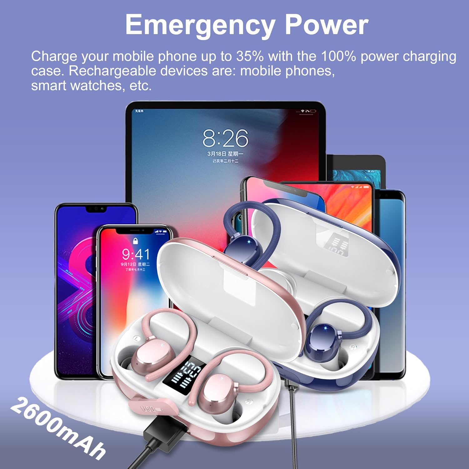 Auriculares Inalambricos Deportivos, 2026 Auriculares Bluetooth 5.3 HiFi Estéreo con Cancelación de Ruido ENC, Reproducción de 128H Pantalla LED Cascos Inalambricos, Control Táctil, IP7 Impermeable - 6
