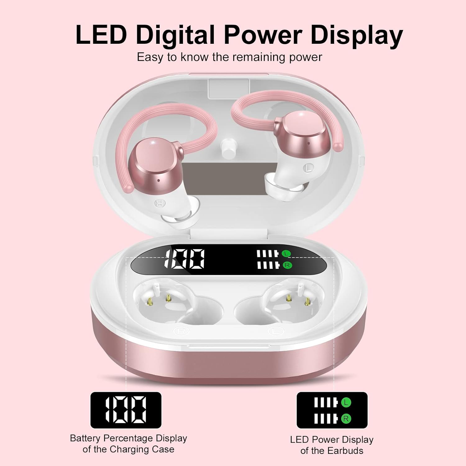 Auriculares Inalambricos Deportivos, HiFi Estéreo Auriculares Bluetooth 5.3 con Llamada ENC HD Mic, 2023 Nuevo Cascos Inalambricos Bluetooth con Pantalla LED/Ajuste Cómodo/IP7 Impermeable Oro Rosa - 3