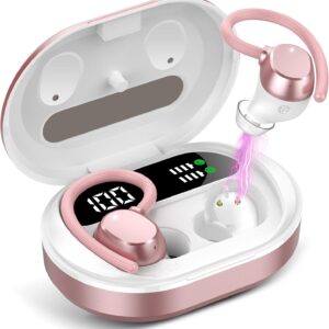 Auriculares Inalambricos Deportivos, HiFi Estéreo Auriculares Bluetooth 5.3 con Llamada ENC HD Mic, 2023 Nuevo Cascos Inalambricos Bluetooth con Pantalla LED/Ajuste Cómodo/IP7 Impermeable Oro Rosa