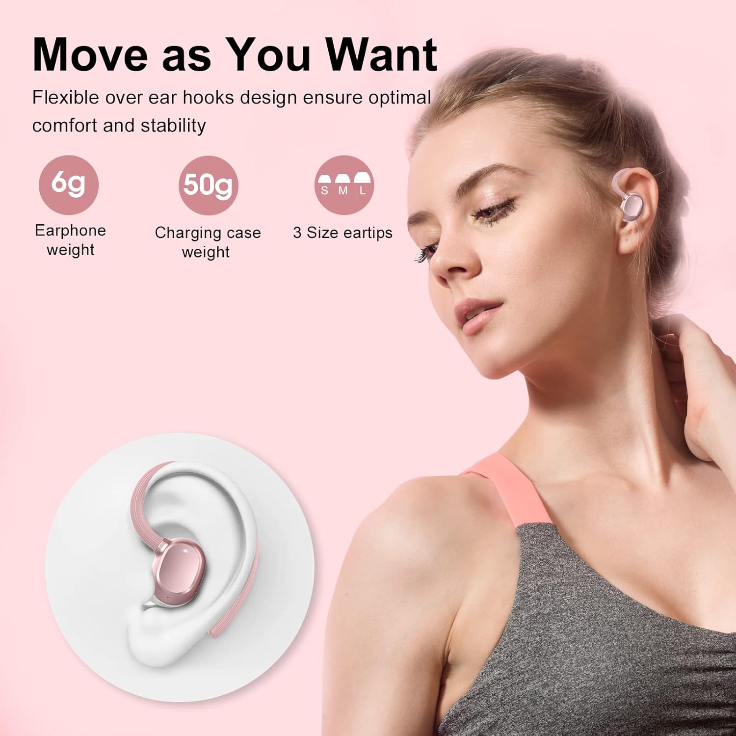 Auriculares Inalambricos Deportivos, HiFi Estéreo Auriculares Bluetooth 5.3 con Llamada ENC HD Mic, 2023 Nuevo Cascos Inalambricos Bluetooth con Pantalla LED/Ajuste Cómodo/IP7 Impermeable Oro Rosa - 4