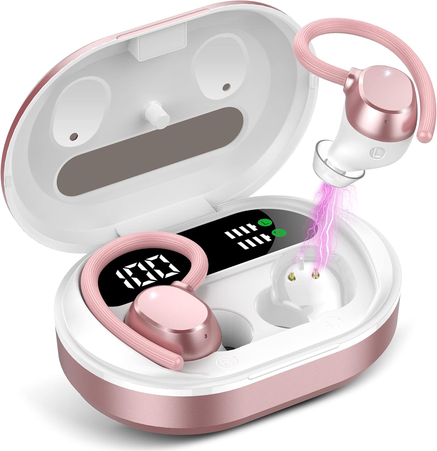 Auriculares Inalambricos Deportivos, HiFi Estéreo Auriculares Bluetooth 5.3 con Llamada ENC HD Mic, 2023 Nuevo Cascos Inalambricos Bluetooth con Pantalla LED/Ajuste Cómodo/IP7 Impermeable Oro Rosa - 1