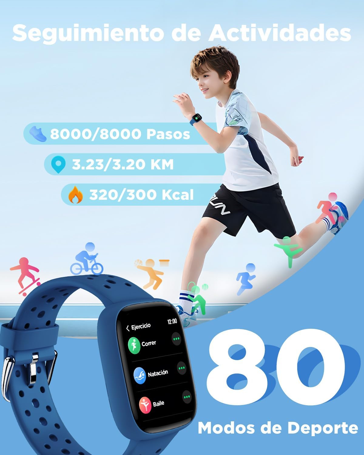BIGGERFIVE Pulsera Actividad Niños Niñas 5-16, 1,8" Reloj Inteligente Podómetro, Frecuencia Cardíaca, Monitor de Sueño, Resistente al Agua IP68, Despertador, Juegos de Rompecabezas con/sin App, Azul - 3