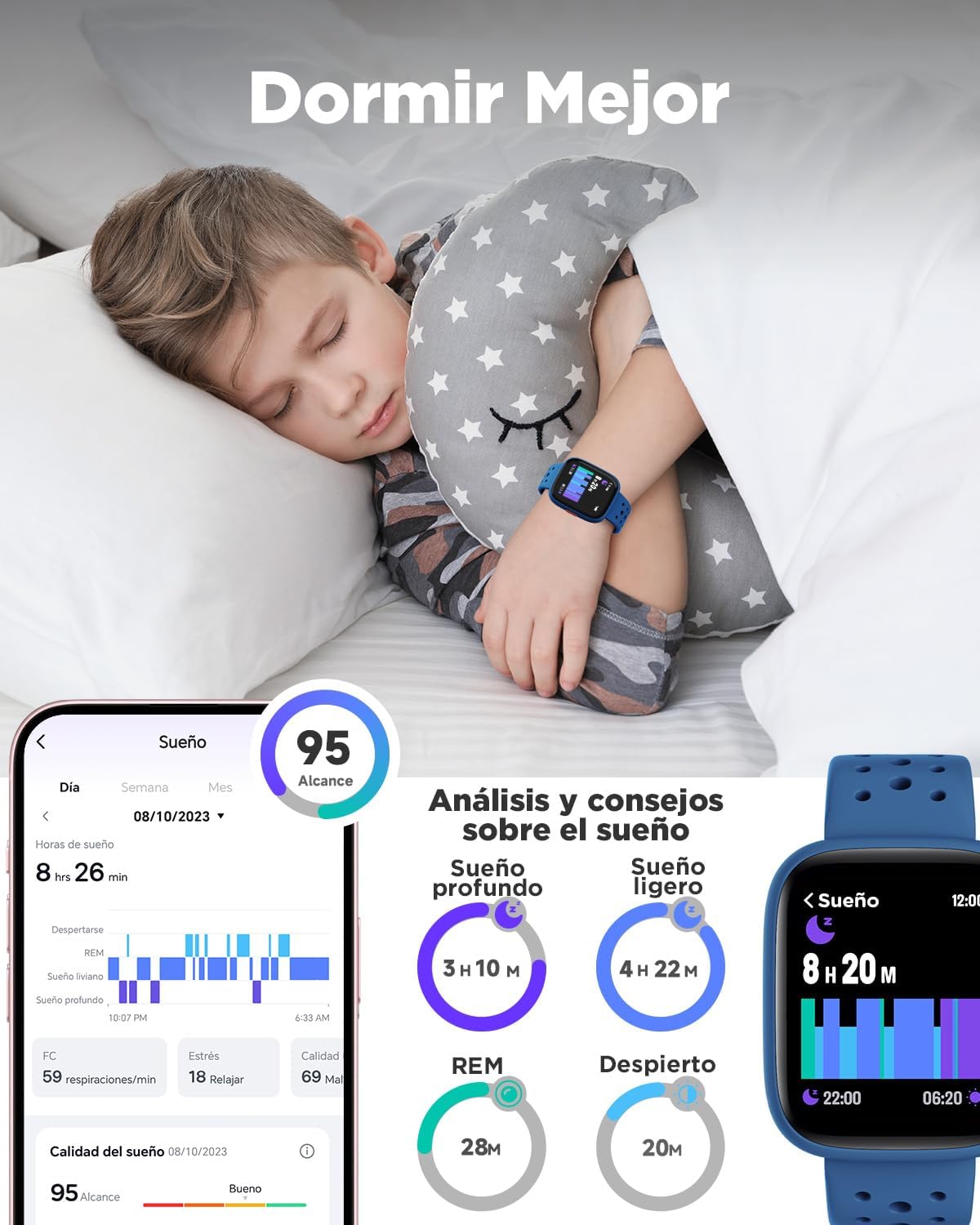 BIGGERFIVE Pulsera Actividad Niños Niñas 5-16, 1,8" Reloj Inteligente Podómetro, Frecuencia Cardíaca, Monitor de Sueño, Resistente al Agua IP68, Despertador, Juegos de Rompecabezas con/sin App, Azul - 4