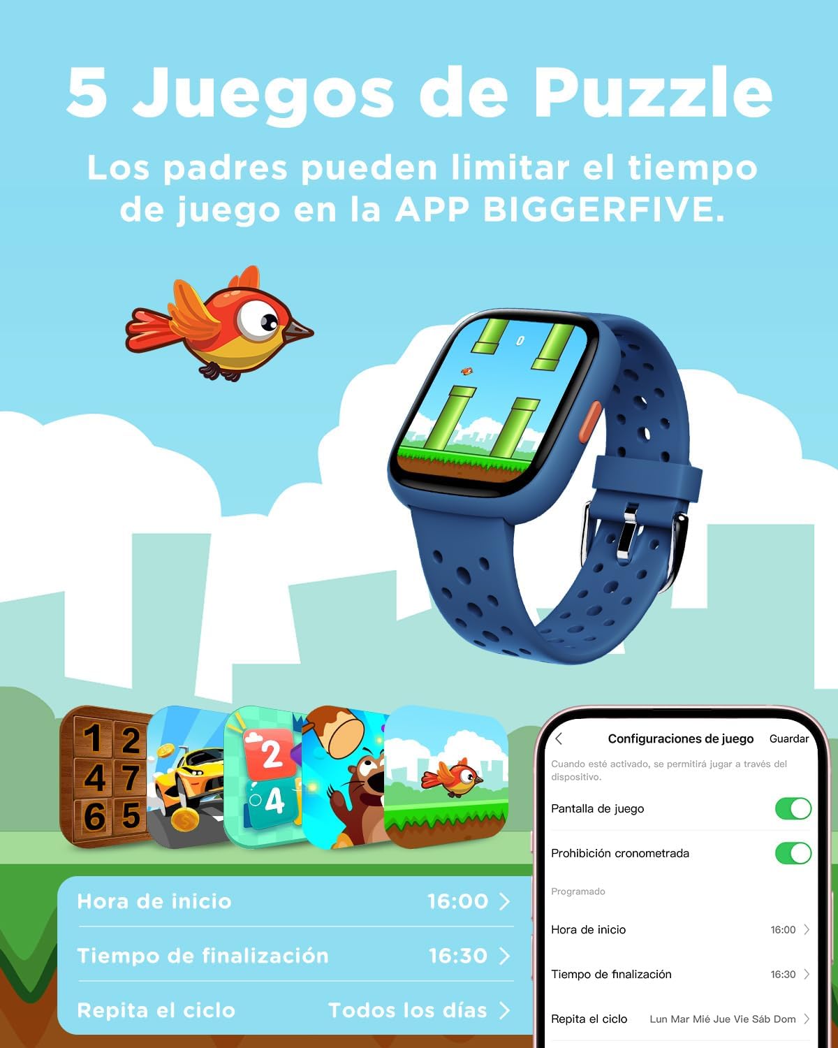 BIGGERFIVE Pulsera Actividad Niños Niñas 5-16, 1,8" Reloj Inteligente Podómetro, Frecuencia Cardíaca, Monitor de Sueño, Resistente al Agua IP68, Despertador, Juegos de Rompecabezas con/sin App, Azul - 6