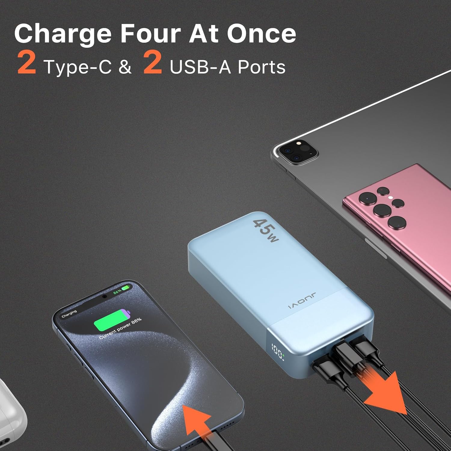 Banco de energía JUOVI Carga rápida, 20000mAh 45W Cargador portátil, Samsung Super Carga rápida con Pantalla LED Cargador de teléfono portátil, USB C Power Bank para MacBook, para iPhone 15 14 13 Pro - 3