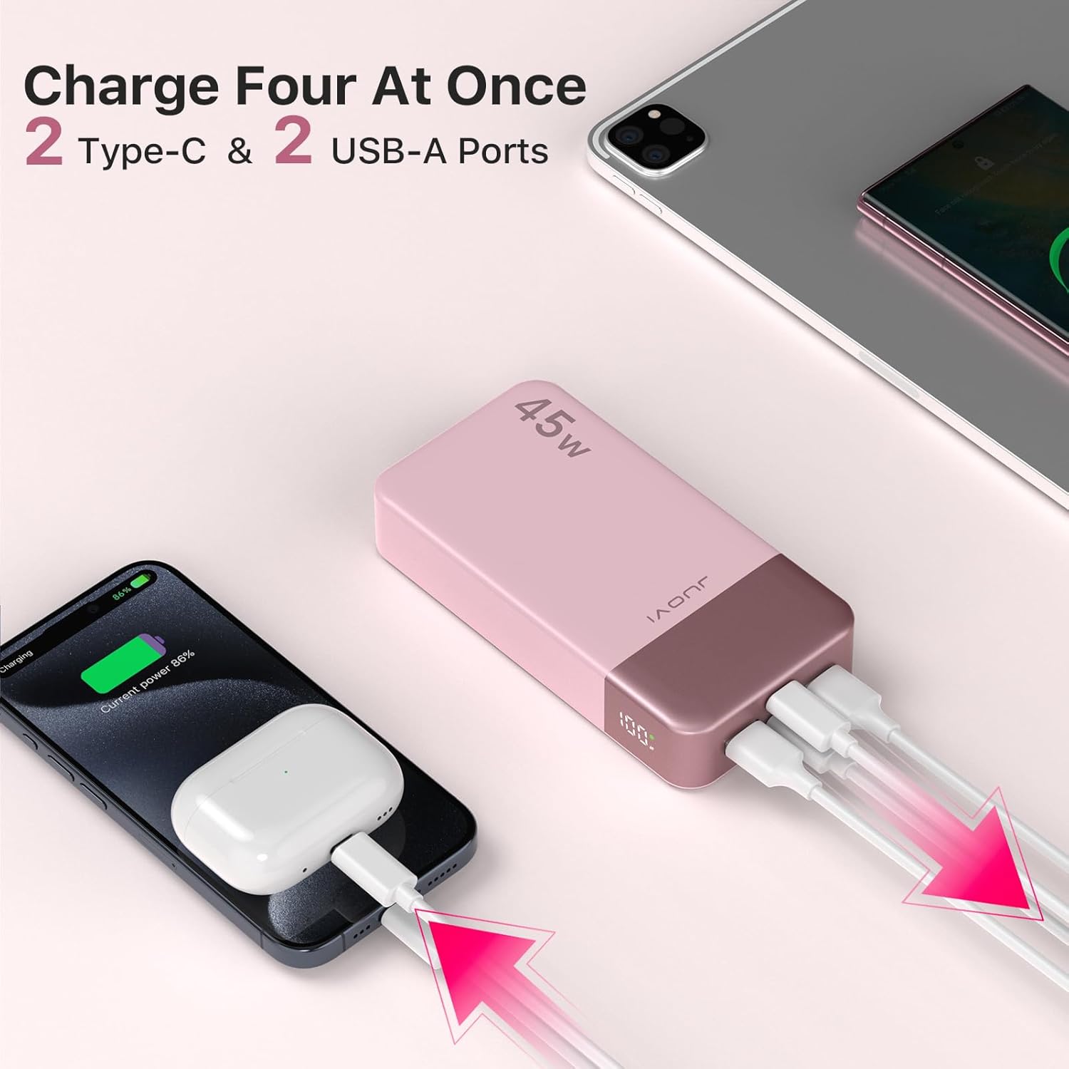 Banco de energía JUOVI Carga rápida, 20000mAh 45W Cargador portátil, Samsung Super Carga rápida con Pantalla LED Cargador de teléfono portátil, USB C Power Bank para MacBook, para iPhone 15 14 13 Pro - 4