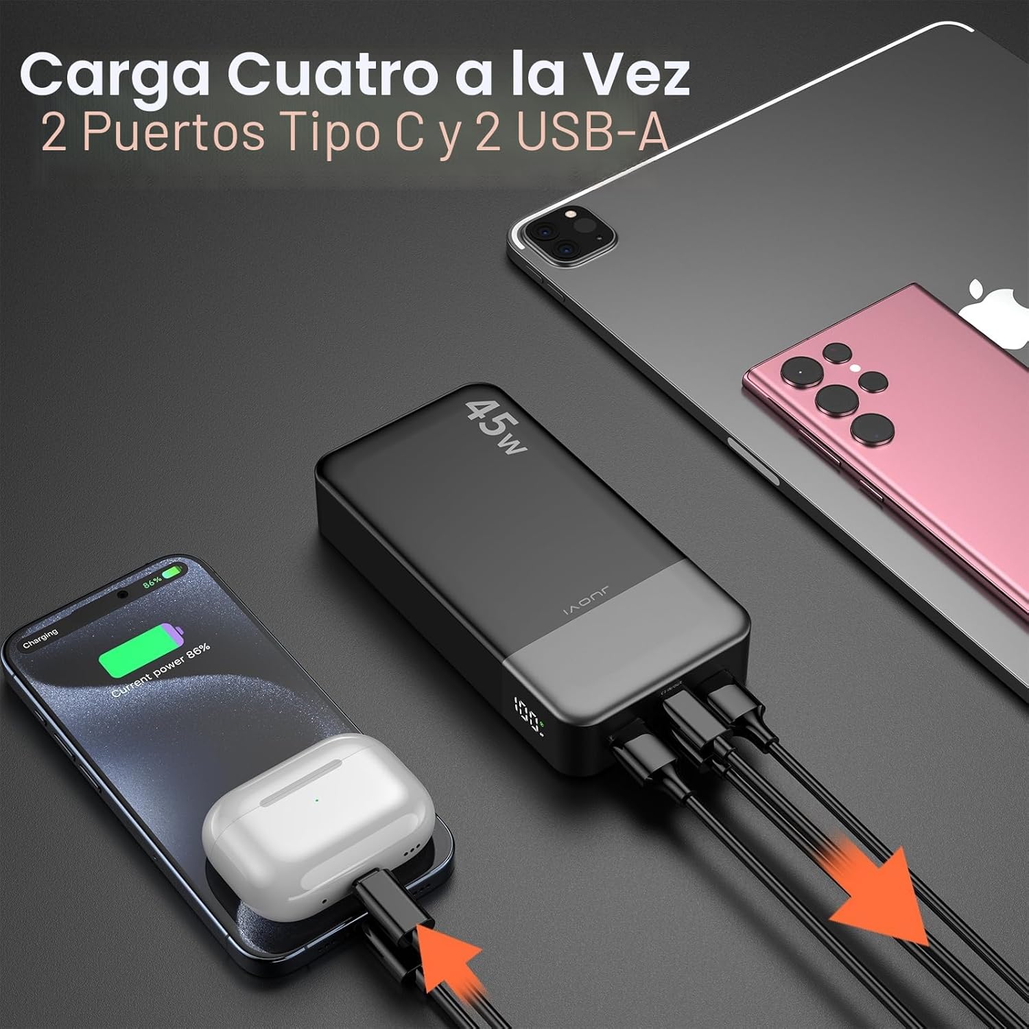 Banco de energía JUOVI Carga rápida, 20000mAh 45W Cargador portátil, Samsung Super Carga rápida con Pantalla LED Cargador de teléfono portátil, USB C Power Bank para MacBook, para iPhone 15 14 13 Pro - 4