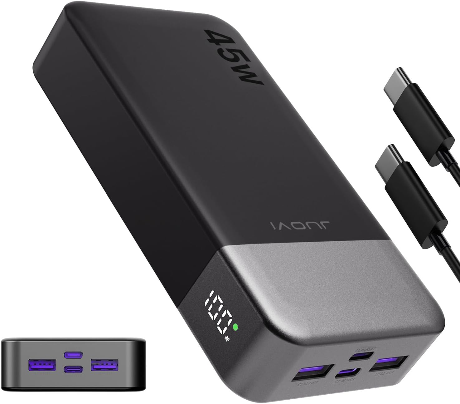 Banco de energía JUOVI Carga rápida, 20000mAh 45W Cargador portátil, Samsung Super Carga rápida con Pantalla LED Cargador de teléfono portátil, USB C Power Bank para MacBook, para iPhone 15 14 13 Pro - 1