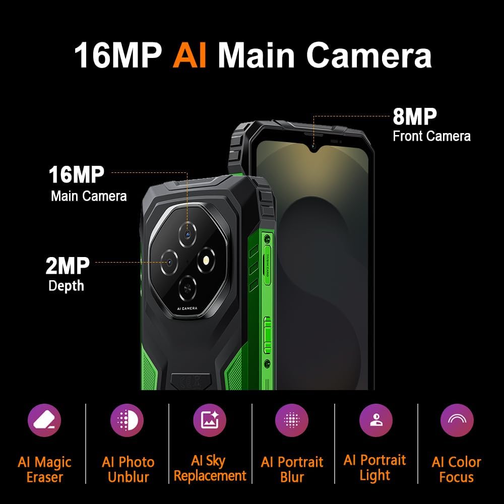 Blackview Fort1 Móvil Irrompible Android 15, 18GB+256GB/2TB 10000mAh Teléfono Móvil Resistente IP68, 6.56" HD+ 90Hz, 16MP Cámara AI Móvil Rugerizado,Face ID/NFC/GPS/5G WiFi/FM/Gemini AI, Negro - 6