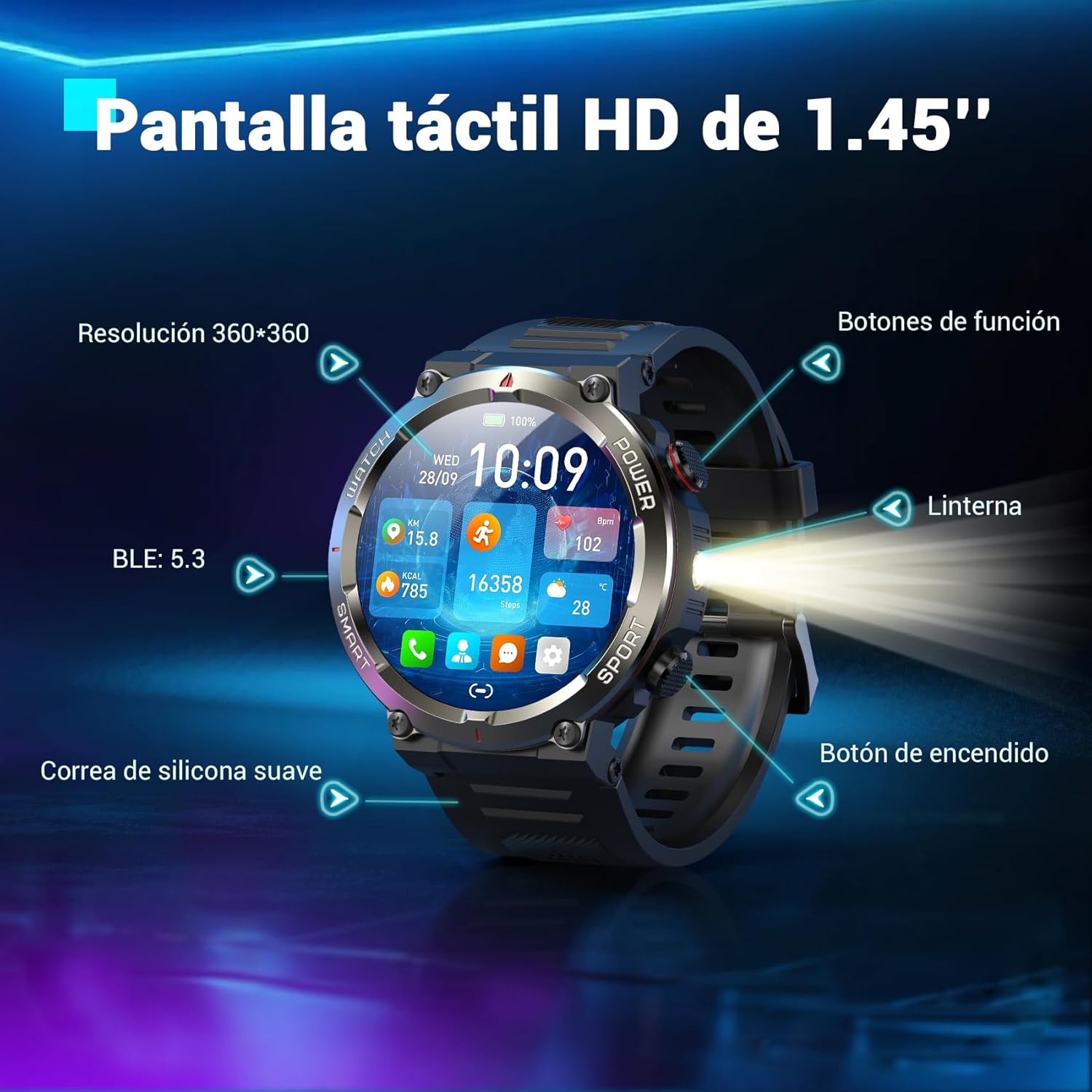 Blackview Reloj Inteligente Hombre con Linterna y Brújula, 1,45" Smartwatch con Llamadas Bluetooth, Pulsómetro, Oxímetro, Monitor de Sueño, Podómetro, 100+ Modos Deportivos, Batería Grande de 960 mAh - 2