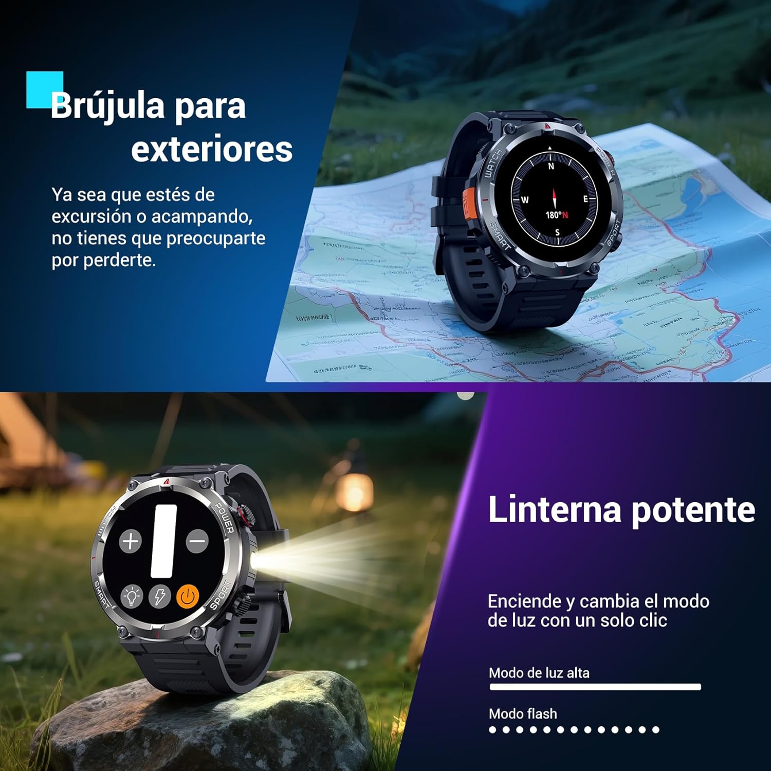 Blackview Reloj Inteligente Hombre con Linterna y Brújula, 1,45" Smartwatch con Llamadas Bluetooth, Pulsómetro, Oxímetro, Monitor de Sueño, Podómetro, 100+ Modos Deportivos, Batería Grande de 960 mAh - 3