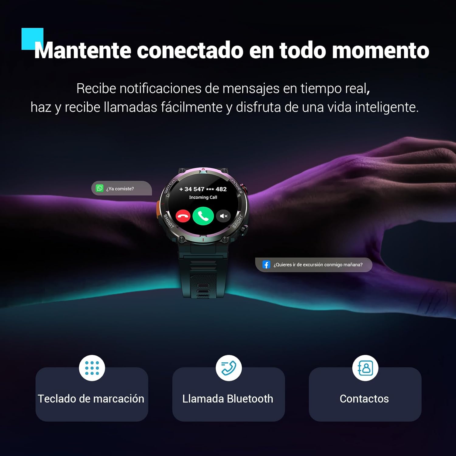 Blackview Reloj Inteligente Hombre con Linterna y Brújula, 1,45" Smartwatch con Llamadas Bluetooth, Pulsómetro, Oxímetro, Monitor de Sueño, Podómetro, 100+ Modos Deportivos, Batería Grande de 960 mAh - 6