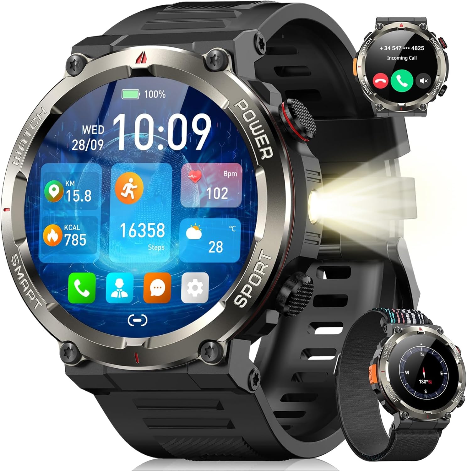 Blackview Reloj Inteligente Hombre con Linterna y Brújula, 1,45" Smartwatch con Llamadas Bluetooth, Pulsómetro, Oxímetro, Monitor de Sueño, Podómetro, 100+ Modos Deportivos, Batería Grande de 960 mAh - 1