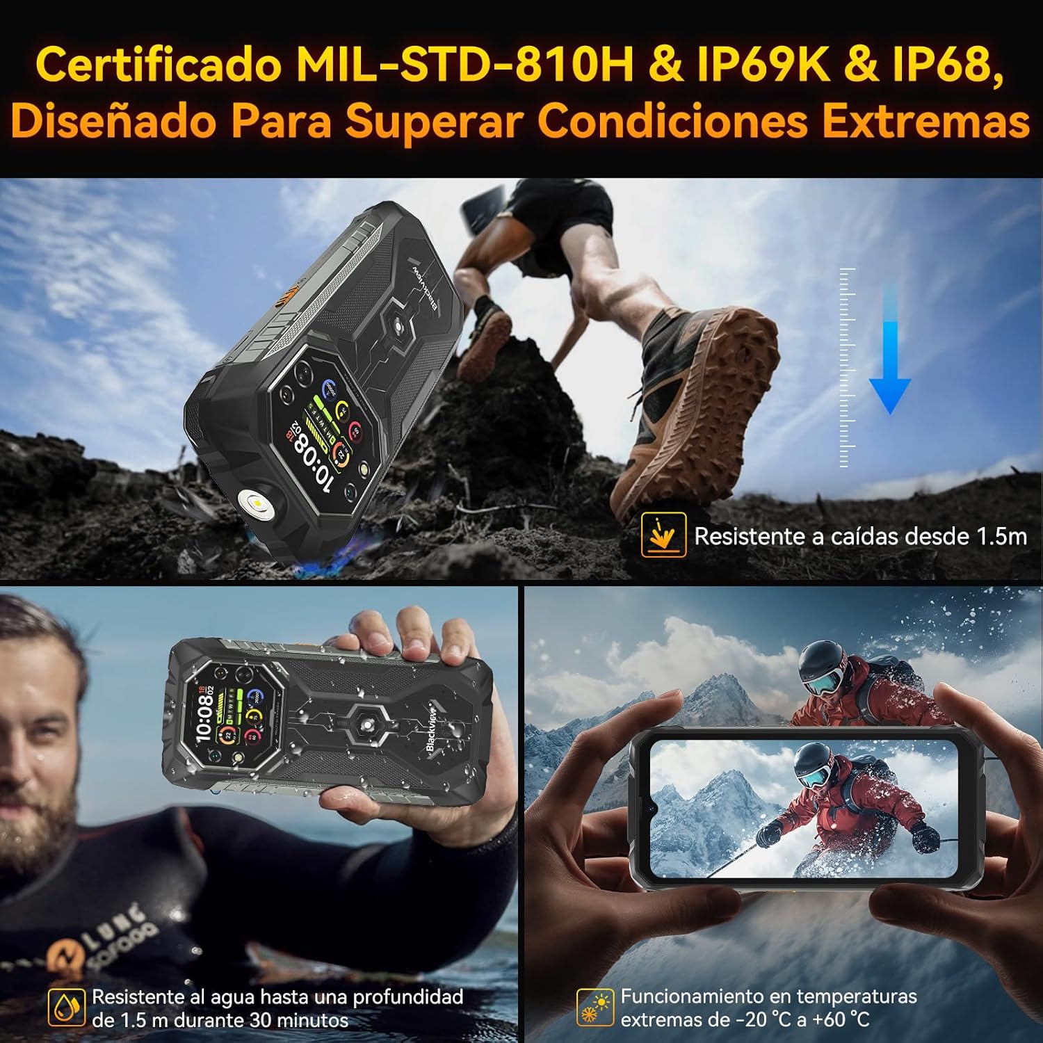 Blackview Rock 1 Movil Irrompible Android 16, 24GB+256GB Movil Indestructible, 15000mAh, 20MP Visión Nocturna, Gemini AI, 6.56" HD+ 2.01" Pantalla, IP69K Impermeable,NFC/OTG/GPS/3 Años de garantía - 2