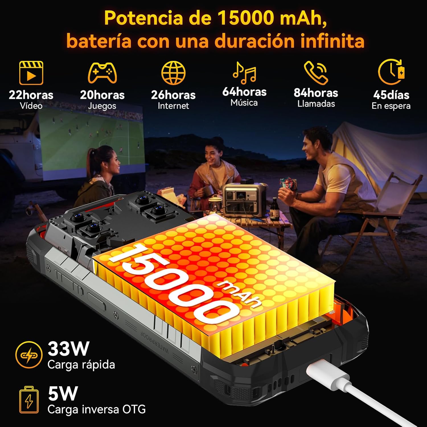 Blackview Rock 1 Movil Irrompible Android 16, 24GB+256GB Movil Indestructible, 15000mAh, 20MP Visión Nocturna, Gemini AI, 6.56" HD+ 2.01" Pantalla, IP69K Impermeable,NFC/OTG/GPS/3 Años de garantía - 3